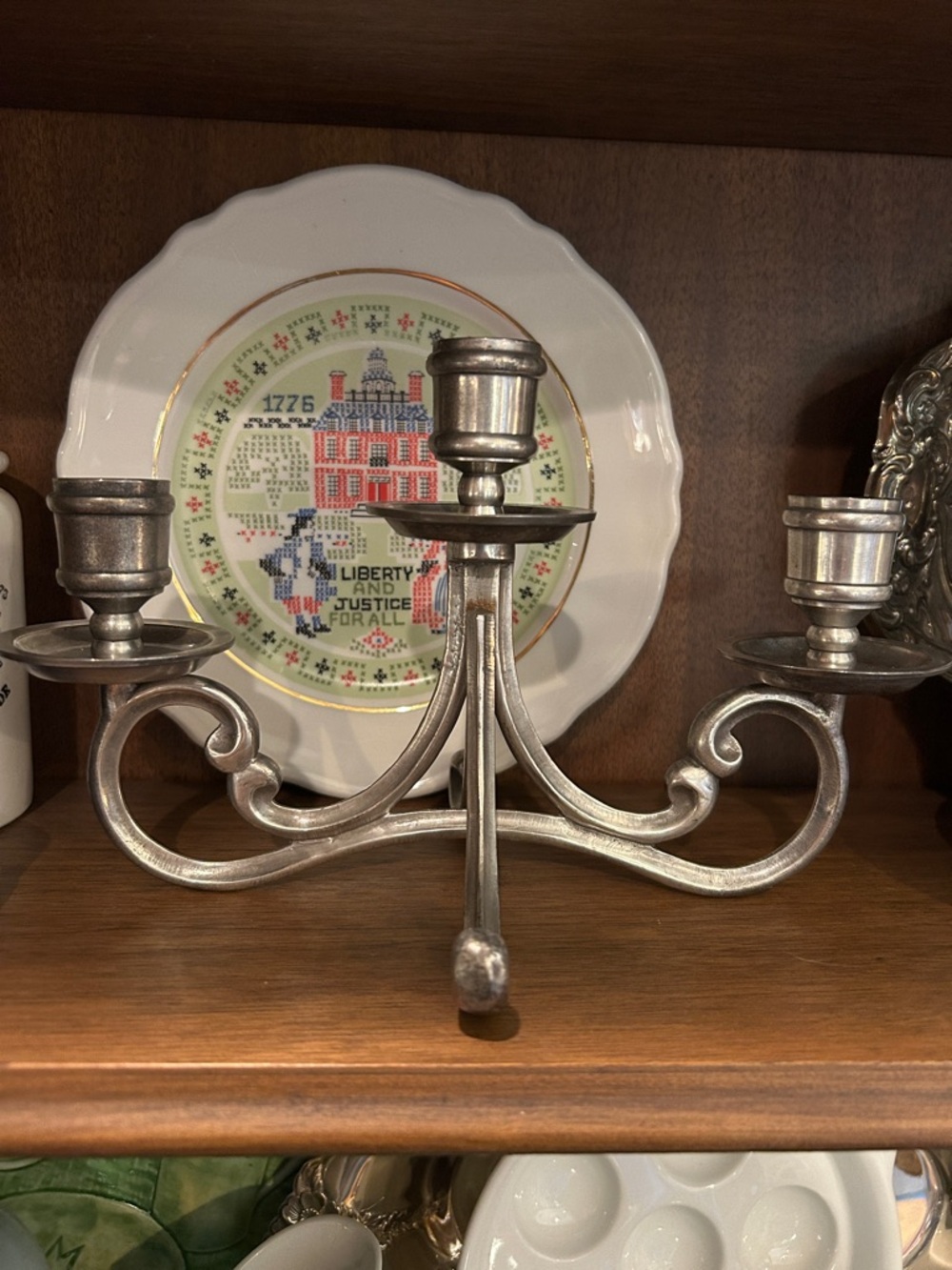 Pewter Colonial Style Three-Arm Candelabra